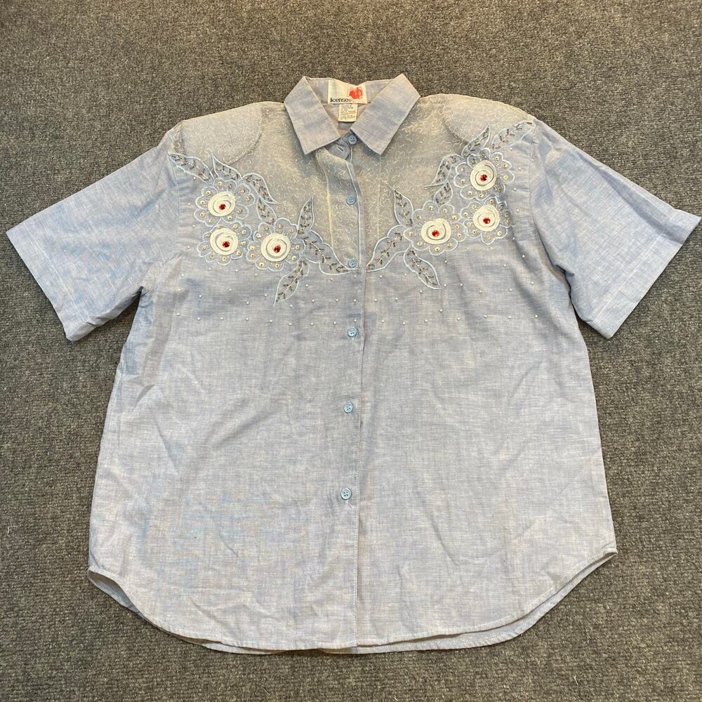 Vintage License Women Large Floral Embroidered Embellish Short Sleeve Shirt Top